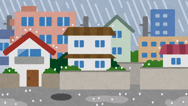 雨が降る住宅街のイラスト（背景素材）